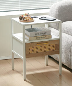 15.75" Rattan End table with Power Outlet  & USB Ports , Modern nightstand with drawer and metal legs, side table for living room, bedroom,white(1 PC)