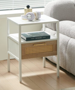15.75" Rattan End table with  drawer, Modern nightstand, metal legs,side table for living room, bedroom,white(1 pc)