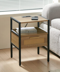 15.75" Rattan End table with Power Outlet  & USB Ports , Modern nightstand with drawer and metal legs, side table for living room, bedroom,natural(1 PC)