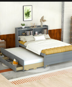 Full Size Bed with USB & Type-C Ports, LED light, Bookcase Headboard, Trundle and 3 Storage Drawers , Full Size Size Bed with  Bookcase Headboard, Trundle and Storage drawers ,Grey