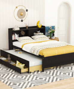 Alternative view of Full Size Bed with USB & Type-C Ports, LED light, Bookcase Headboard, Trundle and 3 Storage Drawers , Full Size Size Bed with  Bookcase Headboard, Trundle and Storage drawers,Espresso