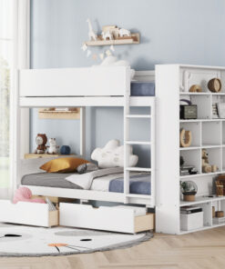 Twin over Twin Bunk Bed With 2 Drawers and Multi-layer Cabinet, White