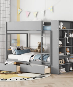 Twin over Twin Bunk Bed With 2 Drawers and Multi-layer Cabinet, Gray