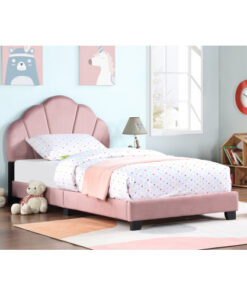 Upholstered Twin Size Platform Bed for Kids, Wooden Bed Frame with Slatted Bed Base, No Box Spring Needed, Cute Bed Frame with Shell Design Headboard for Girls Boys Teens, Pink