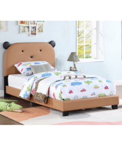 Upholstered Twin Size Platform Bed for Kids, Wooden Bed Frame with Slatted Bed Base, No Box Spring Needed, Cute Bed Frame with Bear Design Headboard for Girls Boys Teens, Brown