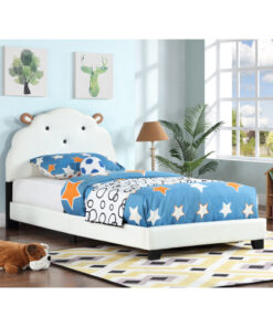 Upholstered Twin Size Platform Bed for Kids, Wooden Bed Frame with Slatted Bed Base, No Box Spring Needed, Cute Bed Frame with Sheep Design Headboard for Girls Boys Teens, White