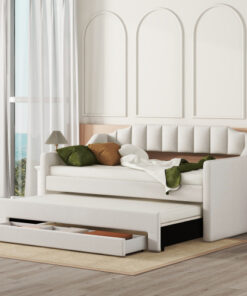 Twin Size Upholstered Daybed with Trundle and Three Drawers,Beige