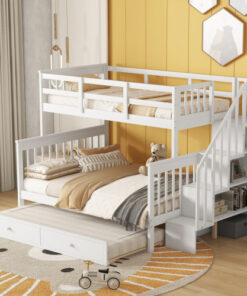 Twin-Over-Full Bunk Bed with Twin size Trundle, Storage and Guard Rail for Bedroom, Dorm, for Adults, White(OLD SKU :LT000119AAK)