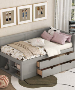 Twin Size Daybed with Drawers and Shelves, Gray