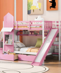 Twin-Over-Twin Castle Style Bunk Bed with 2 Drawers 3 Shelves and Slide - Pink