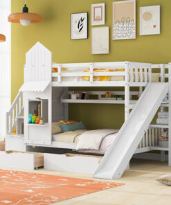 Twin-Over-Twin Castle Style Bunk Bed with 2 Drawers 3 Shelves and Slide - White