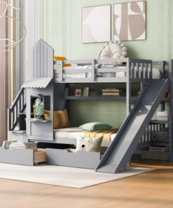 Twin-Over-Twin Castle Style Bunk Bed with 2 Drawers 3 Shelves and Slide - Gray