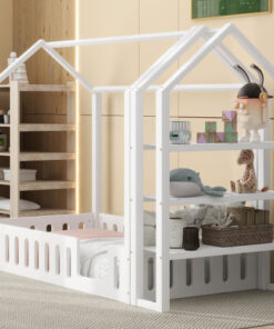 Twin Size Wood House Bed with Fence and Detachable Storage Shelves, White