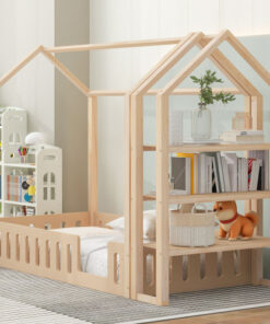 Twin Size Wood House Bed with Fence and Detachable Storage Shelves, Natural