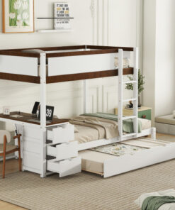 Twin-Over-Twin Bunk Bed with Twin size Trundle, Storage and Desk, White+Walnut