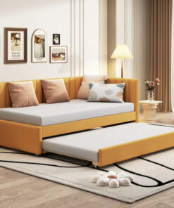 Upholstered Daybed with Trundle Twin Size Sofa Bed Frame No Box Spring Needed, Linen Fabric(Yellow)