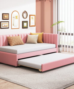 Upholstered Daybed with Trundle Twin Size Sofa Bed Frame No Box Spring Needed, Linen Fabric(Pink)