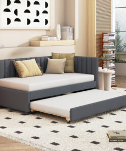 Upholstered Daybed with Trundle Twin Size Sofa Bed Frame No Box Spring Needed, Linen Fabric(Gray)