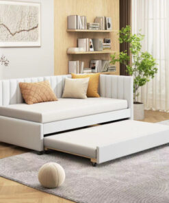 Upholstered Daybed with Trundle Twin Size Sofa Bed Frame No Box Spring Needed, Linen Fabric(Beige)