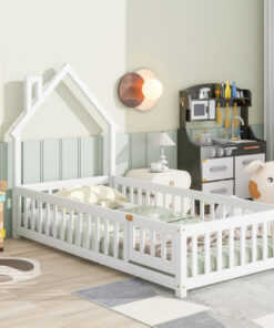 Twin House-Shaped Headboard Floor Bed with Fence,White