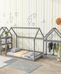Twin size wood house bed with storage shelf and hanger ,kids bedroom set,Grey