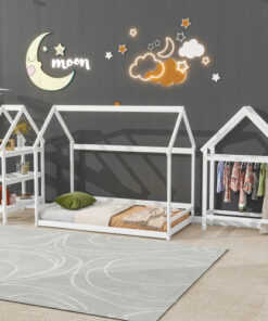 Twin size wood house bed with storage shelf and hanger ,kids bedroom set,White