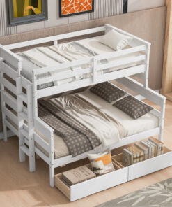 Wood Twin over Full Bunk Bed with 2 Drawers, White