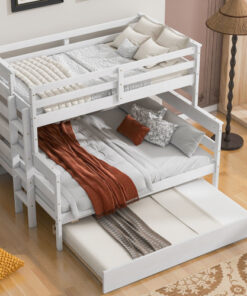 Wood Twin over Full Bunk Bed with Twin Size Trundle, White