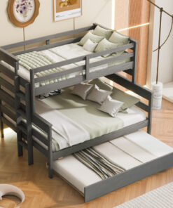Wood Twin over Full Bunk Bed with Twin Size Trundle, Gray