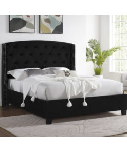 1pc Contemporary Style Upholstered Fabric Button Tufting Nailhead Trim Demi-wings Eva Bed Black Finish Wooden Bedroom Furniture