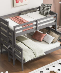 Wood Twin over Full Bunk Bed with Ladder, Gray