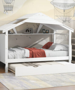 Wood Twin Size House Bed with Trundle and Storage, White