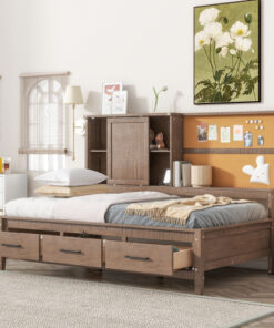 Twin Size Lounge Daybed with Storage Shelves, Cork Board, USB Ports and 3 Drawers, Antique Wood Color