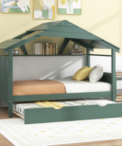 Wood Twin Size House Bed with Trundle and Storage, Green