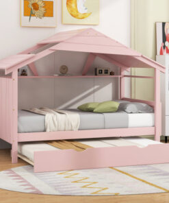 Wood Twin Size House Bed with Trundle and Storage, Pink