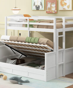 Wood Twin over Full Bunk Bed with Hydraulic Lift Up Storage, White