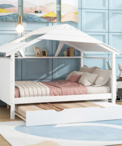 Wood Full Size House Bed with Twin Size Trundle and Storage, White