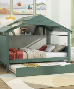 Wood Full Size House Bed with Twin Size Trundle and Storage, Green