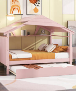 Wood Full Size House Bed with Twin Size Trundle and Storage, Pink