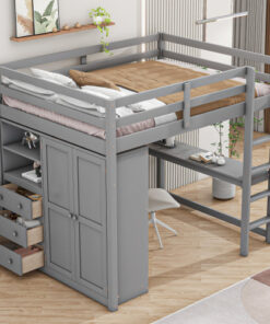 Wood Full Size Loft Bed with Built-in Wardrobe, Desk, Storage Shelves and Drawers, Gray