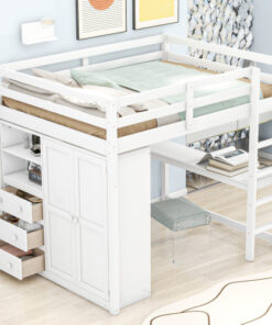Wood Full Size Loft Bed with Built-in Wardrobe, Desk, Storage Shelves and Drawers, White