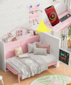 Wood Twin Size House Murphy Bed with USB, Storage Shelves and Blackboard, Pink+White