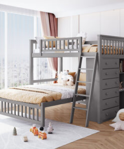 Wooden Twin Over Full Bunk Bed With Six Drawers And Flexible Shelves,Bottom Bed With Wheels,Gray(OLD SKU:LP000531AAE)