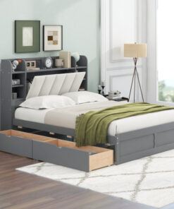 Wood Queen Size Platform Bed with Storage Headboard, Shelves and 2 Drawers, Gray