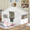 Wood Twin Size House Bed with Roof, Window and Guardrail, White