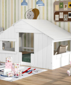 Wood Twin Size House Bed with Roof, Window and Guardrail, White