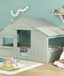 Wood Twin Size House Bed with Roof, Window and Guardrail, Light Green