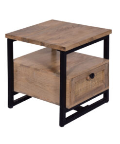 18 Inch Nightstand End Table, 1 Drawer, Open Storage, Natural Brown Mango Wood with a Rectangular Black Iron Frame