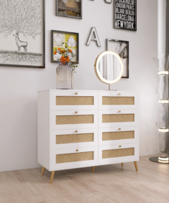 White Color 8 Drawers Chest of Drawers with Rattan Drawer Face Golden Legs and Handles