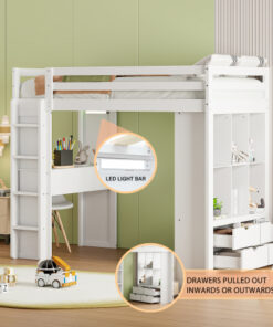Twin Size Loft Bed with large shelves, writing desk and LED Light, White